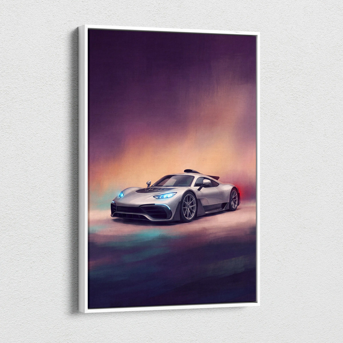Silver Mercedes-AMG One inspired hypercar canvas print with glowing blue headlights and red taillights on purple sky background