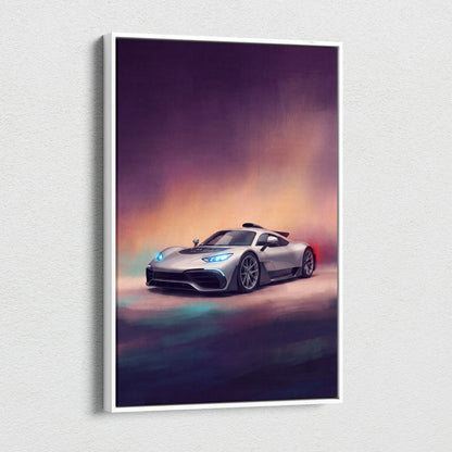 Silver Mercedes-AMG One inspired hypercar canvas print with glowing blue headlights and red taillights on purple sky background