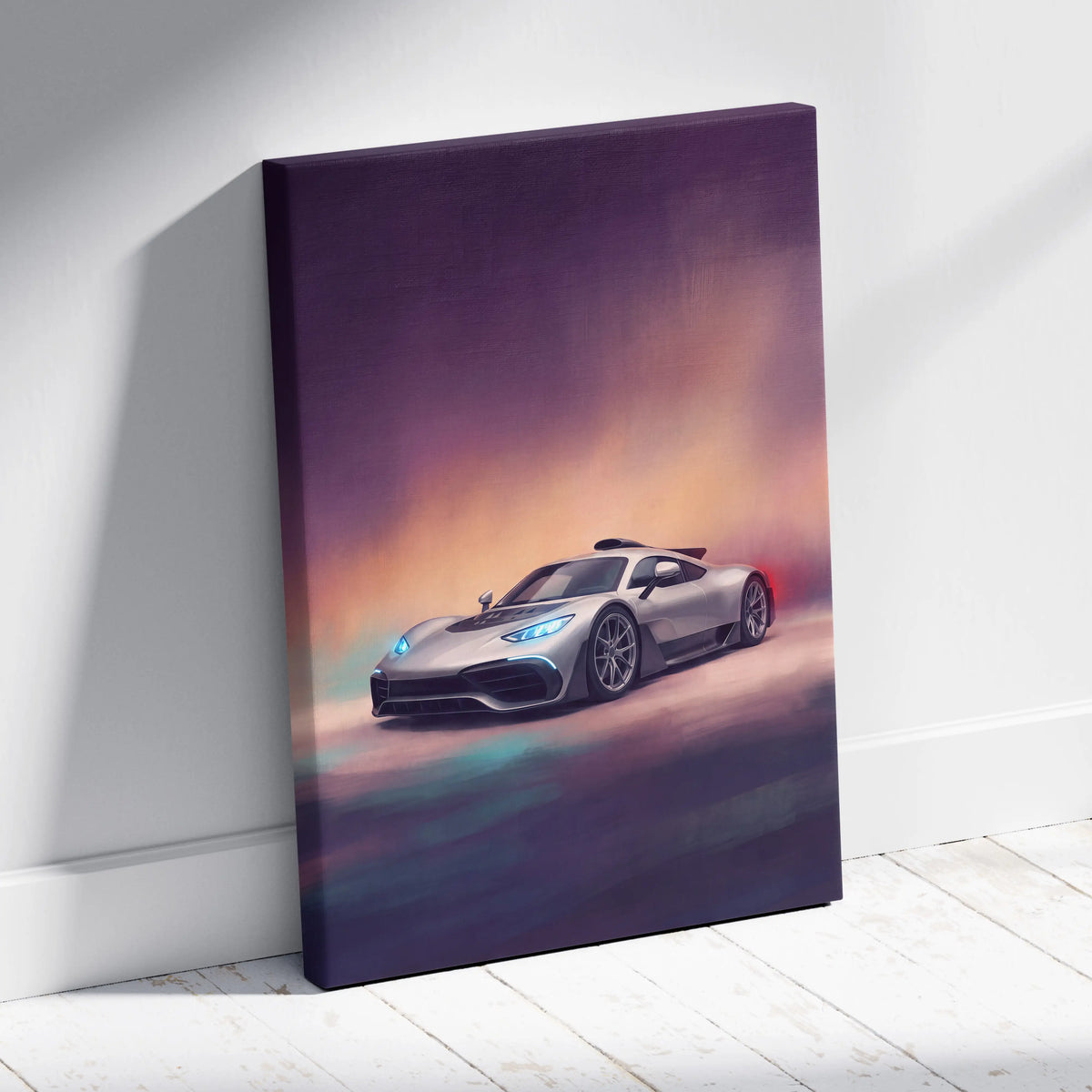 Silver mercedes-amg one inspired sports car canvas print with glowing blue headlights and vibrant purple orange sky background