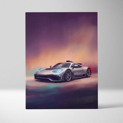 Silver Mercedes-AMG Petronas Formula One car with glowing blue headlights on luxury supercar canvas wall art