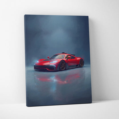 Mercedes-amg one inspired car wall art canvas print featuring a red sports car with black accents and glowing headlights