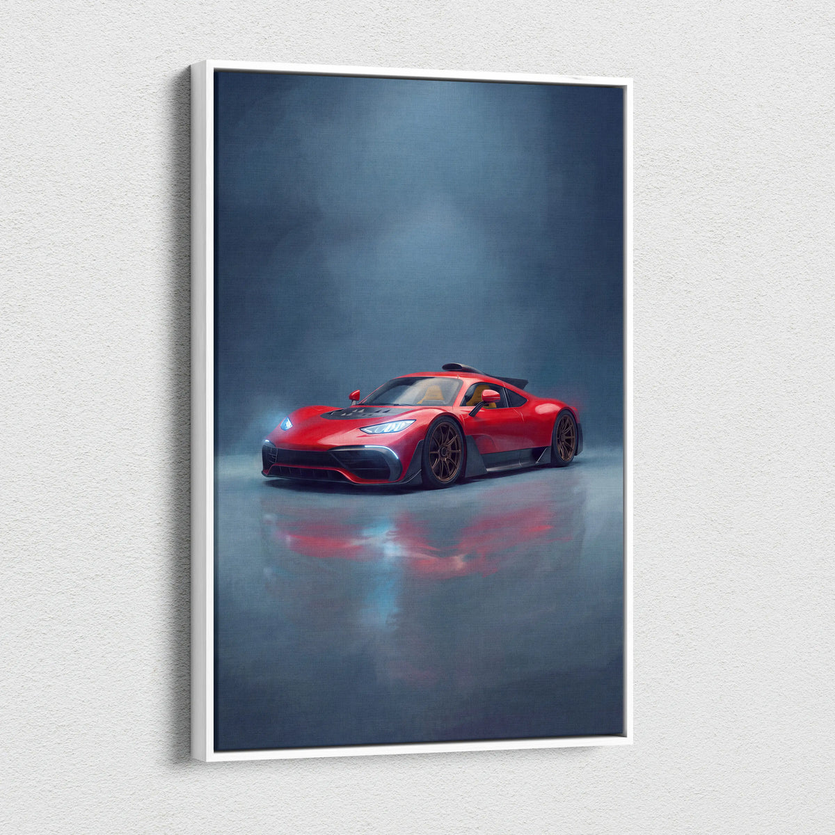 Mercedes-AMG One inspired car wall art featuring a red sports car with black accents and gold rims on canvas print