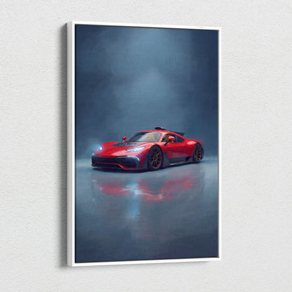 Mercedes-AMG One inspired car wall art featuring a red sports car with black accents and gold rims on canvas print