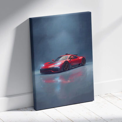 Mercedes-AMG One inspired car wall art canvas print featuring a red sports car with black accents and gold rims