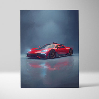 Mercedes-AMG One inspired car wall art featuring a vibrant red high-performance sports car with black accents on canvas