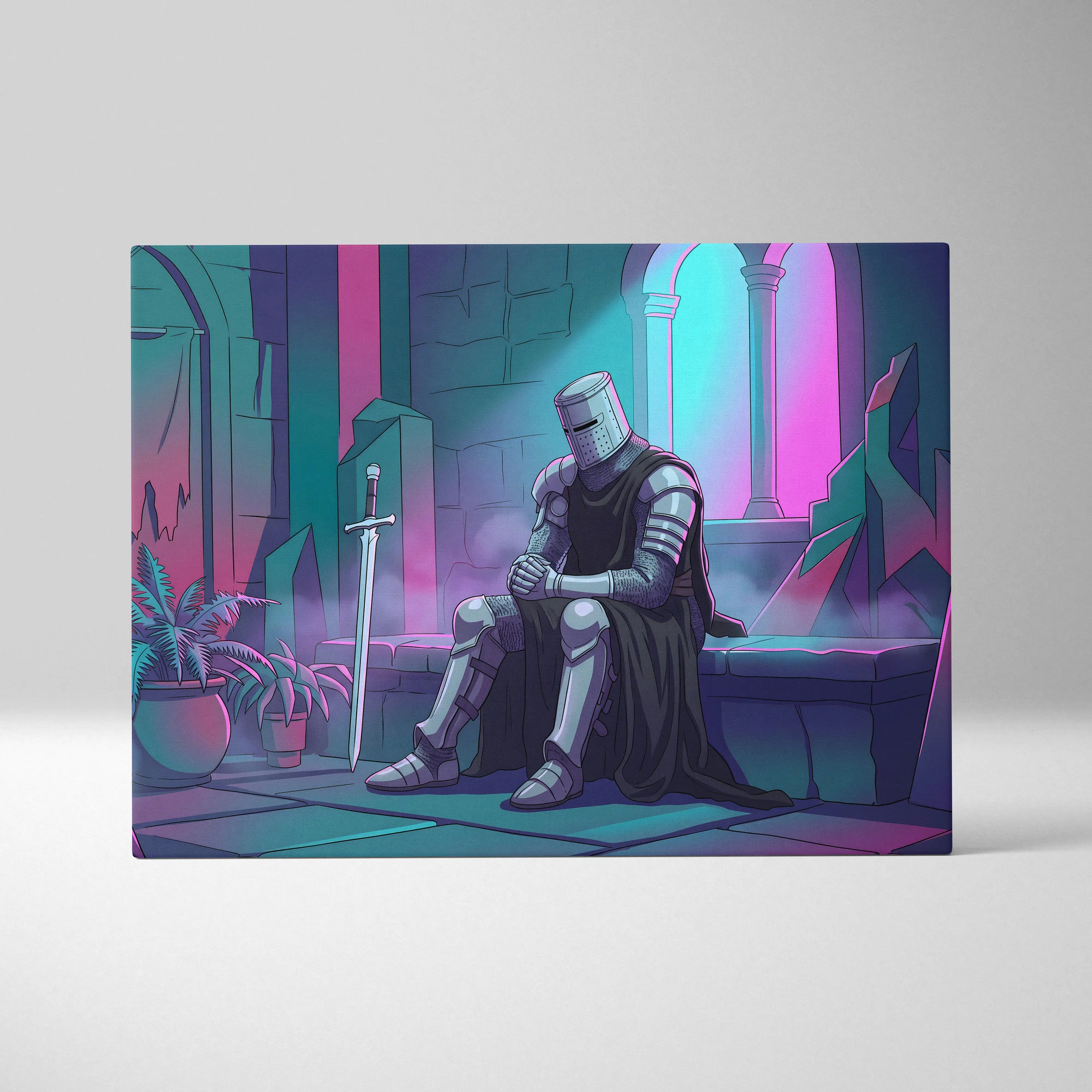 Neon Knight Vaporwave Canvas - Knight Neon Pink Teal Living Room Vaporwave Dreamy Vaporwave Retro Futurism Canvas Print