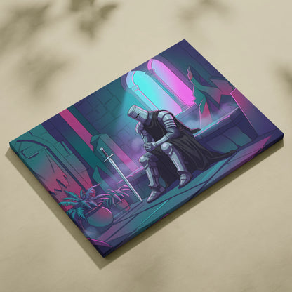 Neon Knight Vaporwave Canvas - Knight Neon Pink Teal Living Room Vaporwave Dreamy Vaporwave Retro Futurism Canvas Print