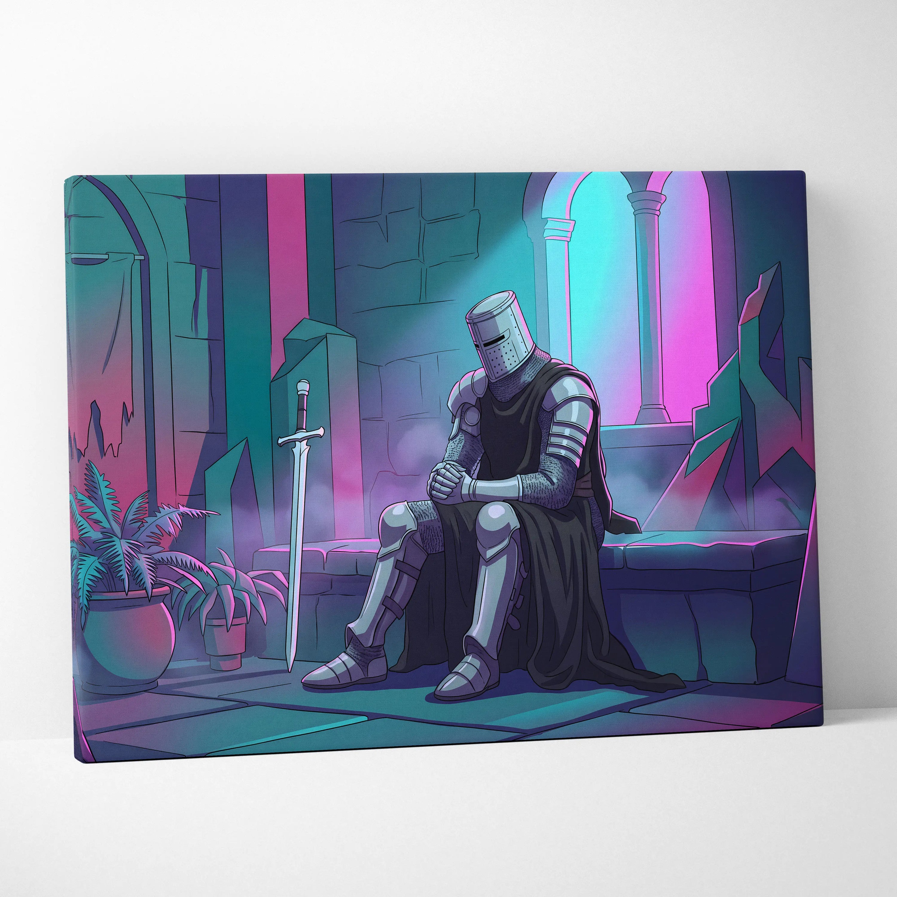 Neon Knight Vaporwave Canvas - Knight Neon Pink Teal Living Room Vaporwave Dreamy Vaporwave Retro Futurism Canvas Print