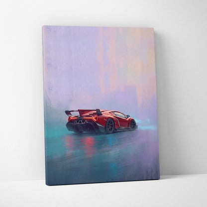 A vibrant red Lamborghini Veneno inspired automotive wall art featuring a stylized painterly canvas print with glowing accents