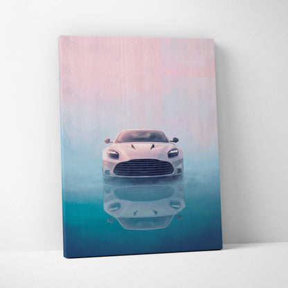 Aston Martin Vantage inspired modern white sports car wall art on misty gradient canvas with mirrored reflection below
