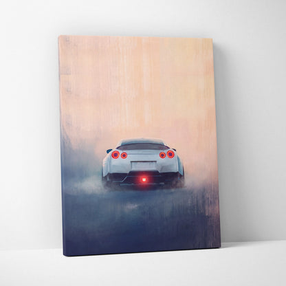 A sleek white nissan gt-r sports car with glowing red taillights on a misty canvas print for bedroom wall decor