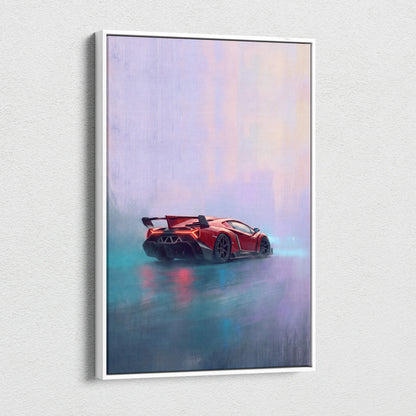 Lamborghini veneno inspired luxury red sports car canvas print featuring a stylized misty urban scene