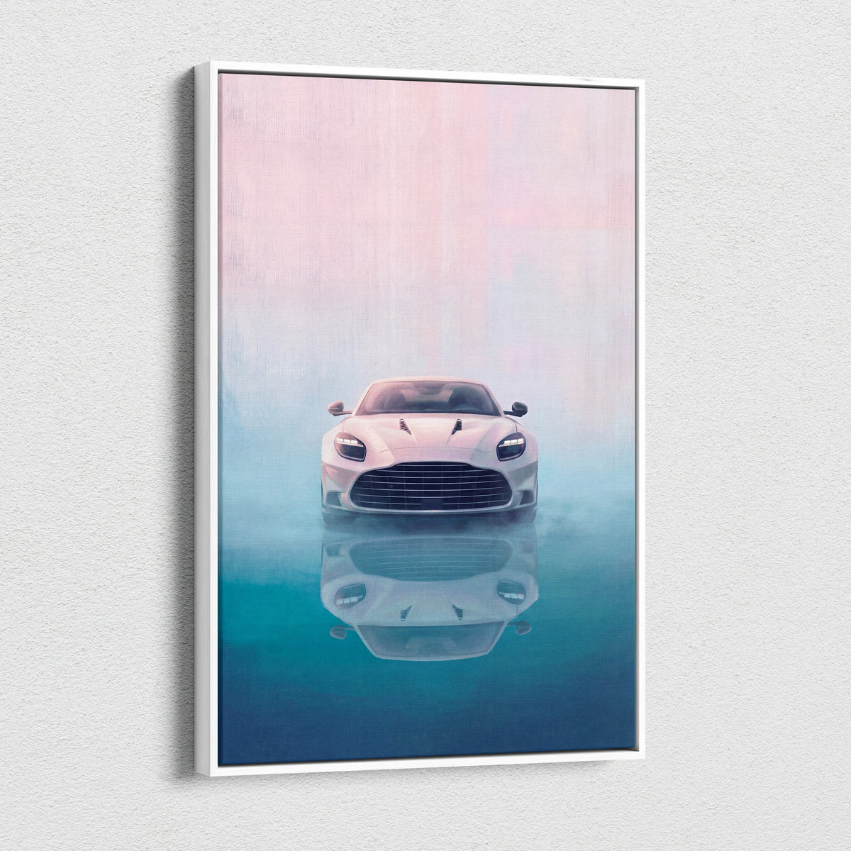 A framed canvas print of a white Aston Martin sports car with its reflection on misty blue water and a pink teal background