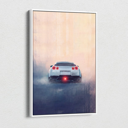 White nissan gt-r sports car rear view with glowing taillights and exhaust flames on framed canvas print wall decor