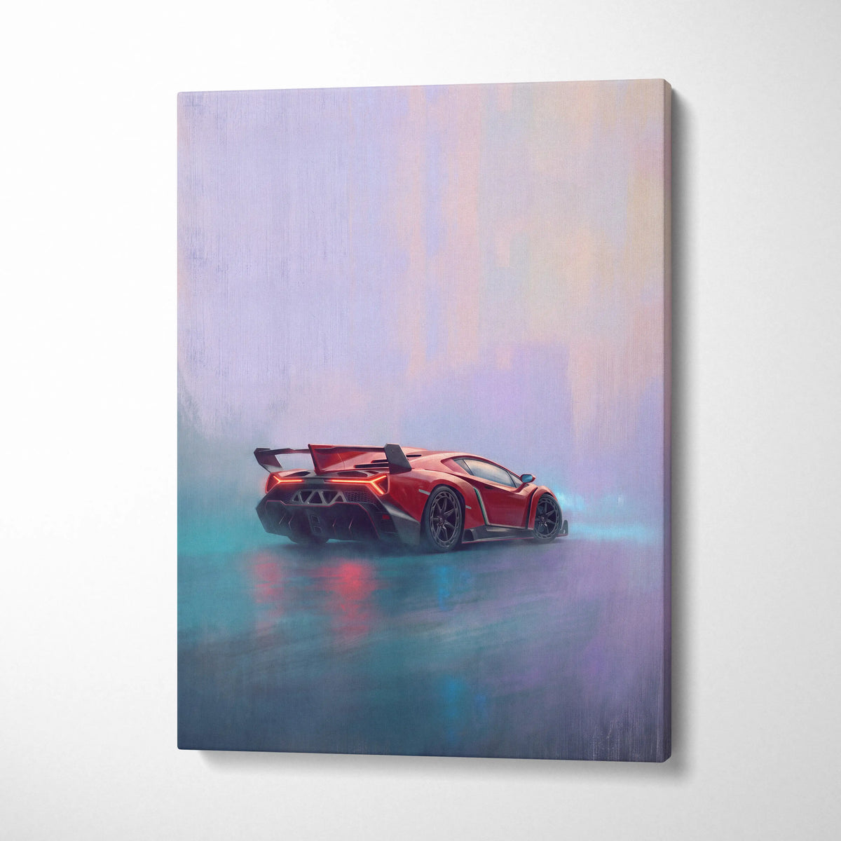 Vibrant red Lamborghini Veneno sports car stylized in a misty artistic rendering on luxury supercar canvas print