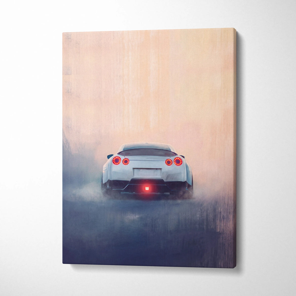 White nissan gt-r sports car with glowing red taillights and smoke effect on canvas wall decor for bedroom