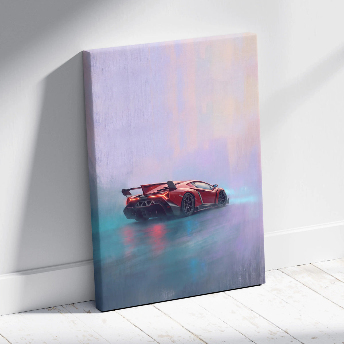 A vibrant red Lamborghini Veneno sports car in a painterly canvas print with pastel purple and teal gradients