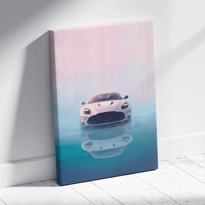 Aston Martin Vantage inspired sleek white car canvas print with soft pink and teal reflective gradient background