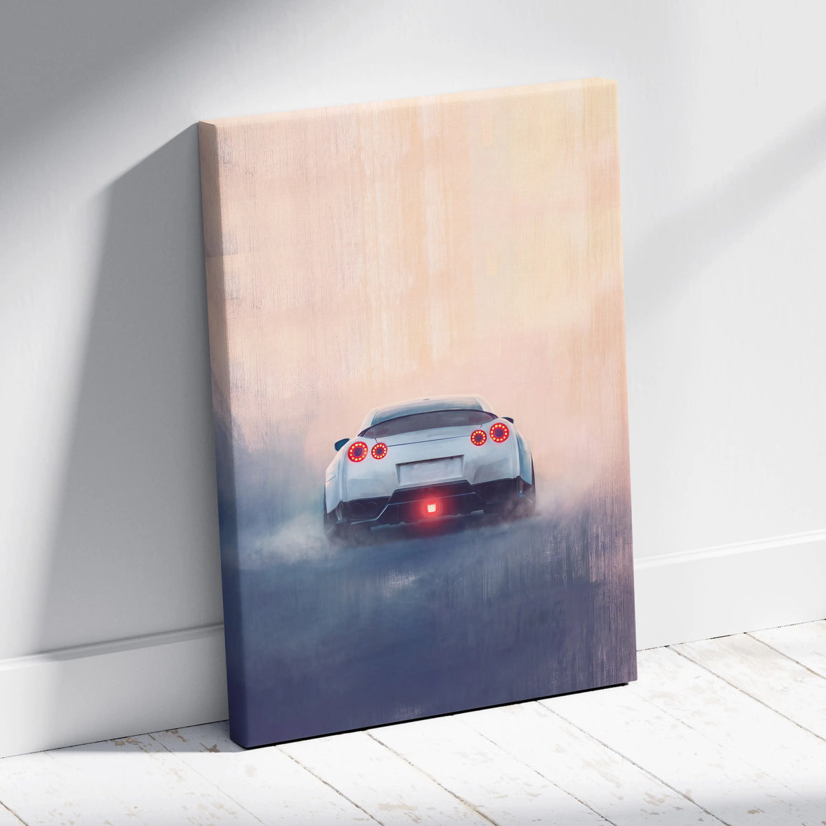 Nissan GT-R inspired canvas print of a white twin turbo supercar drifting with glowing red taillights for bedroom wall decor