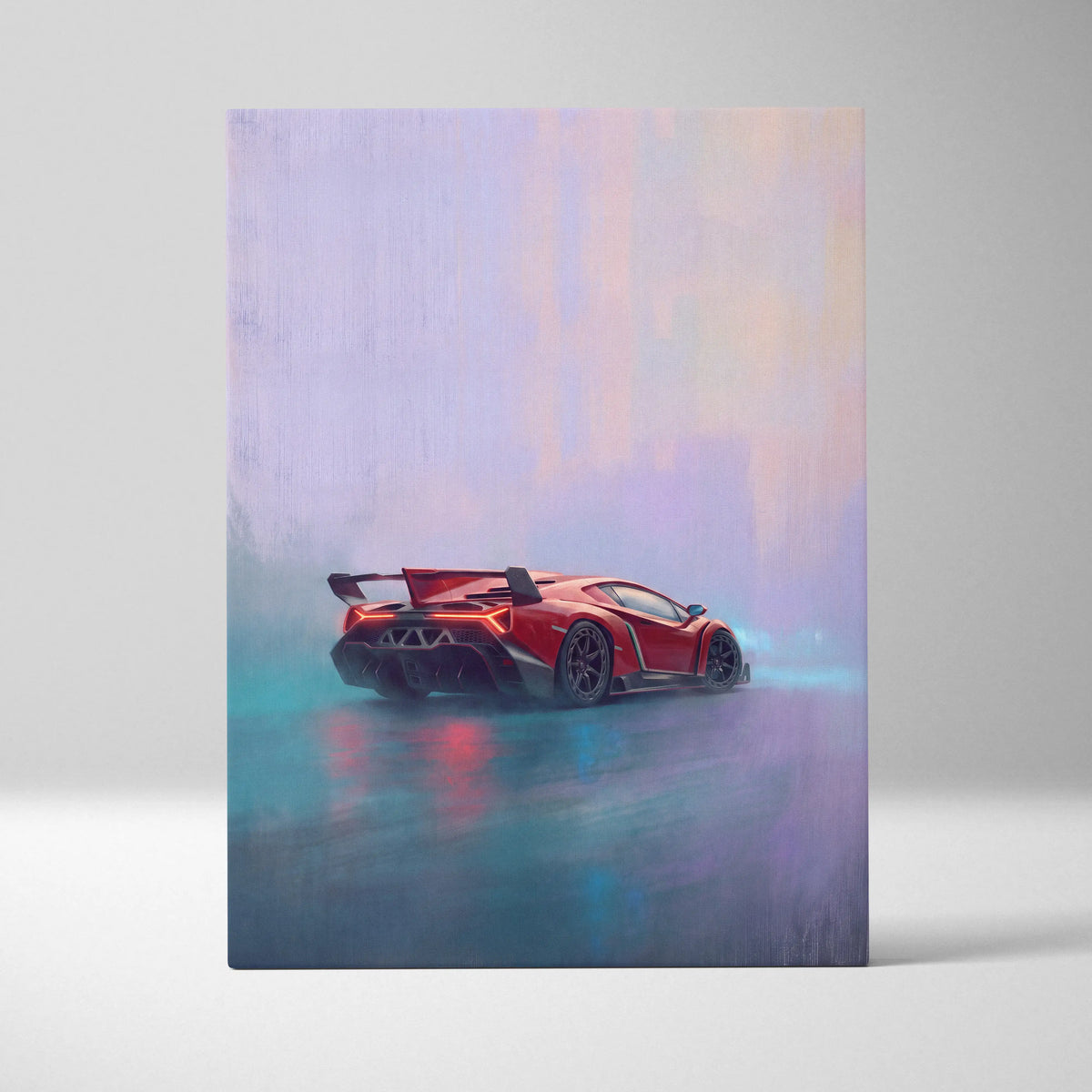 Lamborghini veneno inspired luxury supercar canvas print featuring red sports car with glowing accents on wet pavement
