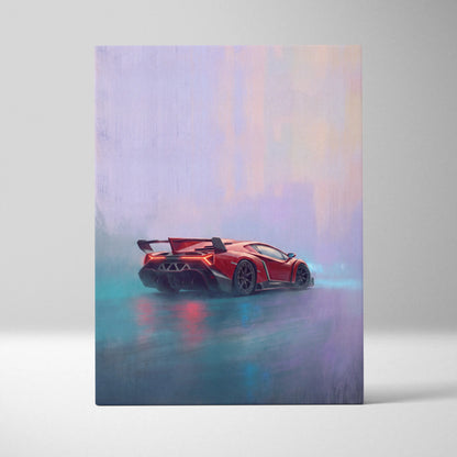 Lamborghini veneno inspired luxury supercar canvas print featuring red sports car with glowing accents on wet pavement