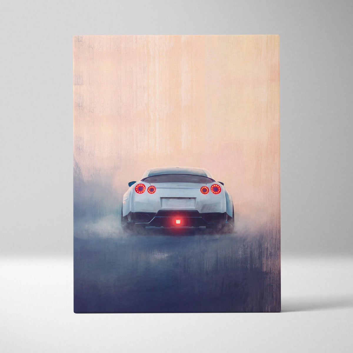White nissan gt-r sports car with glowing red taillights in motion on a nissan gt-r inspired canvas print wall decor