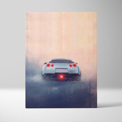 White nissan gt-r sports car with glowing red taillights in motion on a nissan gt-r inspired canvas print wall decor