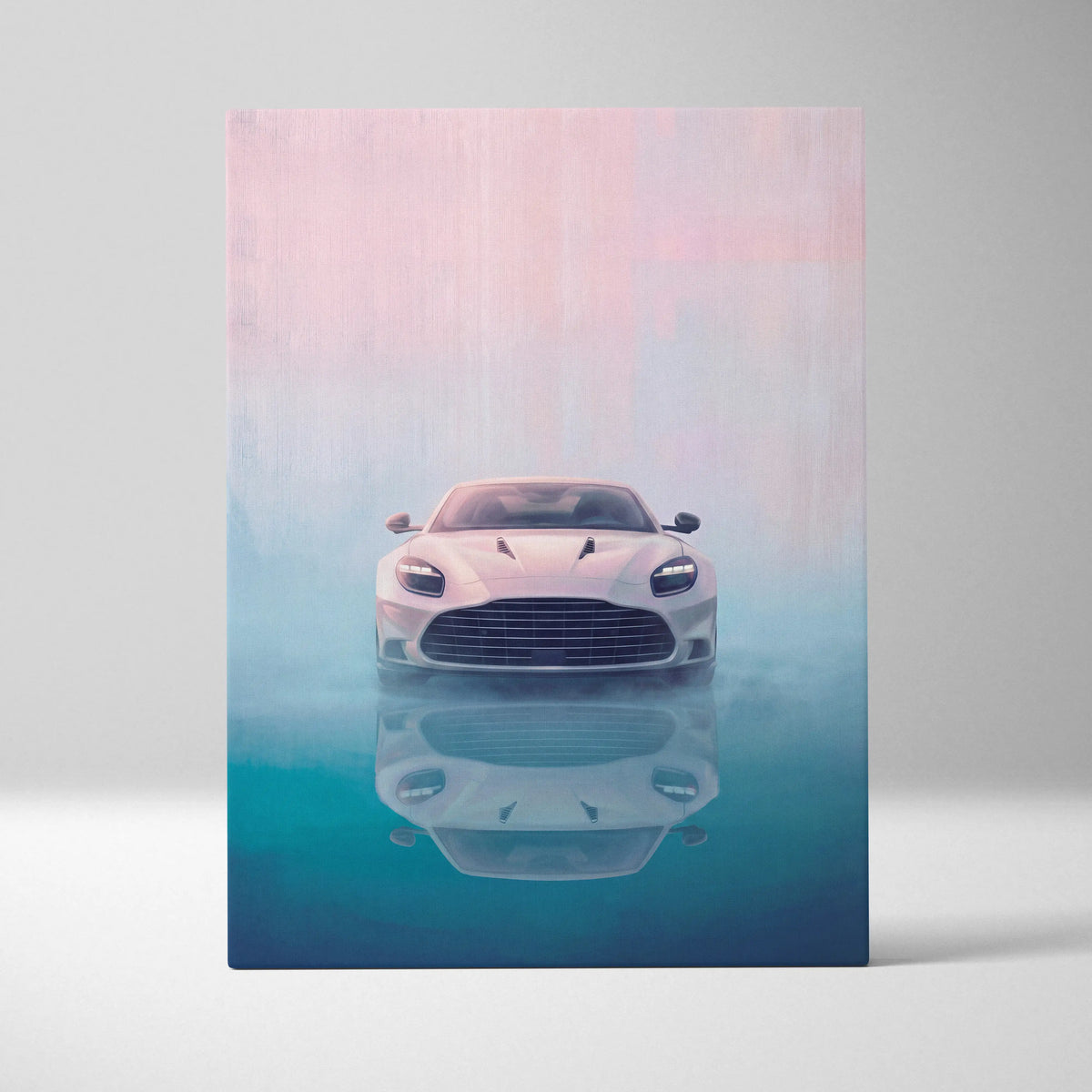 Aston Martin Vantage inspired white sports car wall art with pink and blue gradient canvas painting and glossy reflection