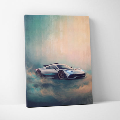 Mercedes-amg one inspired luxury supercar canvas print featuring a sleek silver hypercar against teal and peach clouds