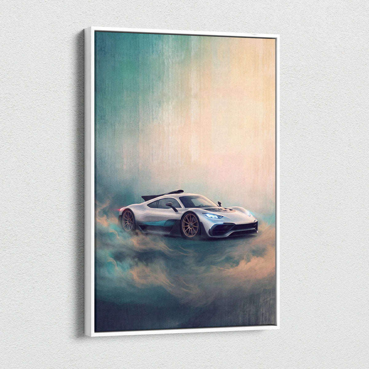 Mercedes-AMG One inspired automotive wall art canvas print featuring a sleek silver sports car with blue accents and black wheels