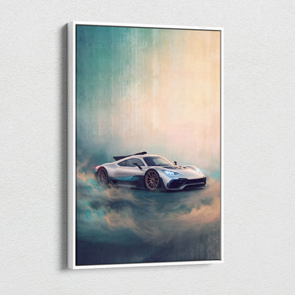 Mercedes-AMG One inspired automotive wall art canvas print featuring a sleek silver sports car with blue accents and black wheels