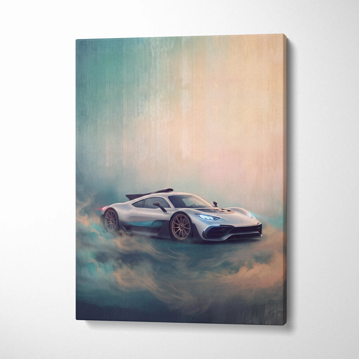 Silver and teal mercedes-amg one inspired hypercar on cloud-filled canvas luxury supercar wall art print