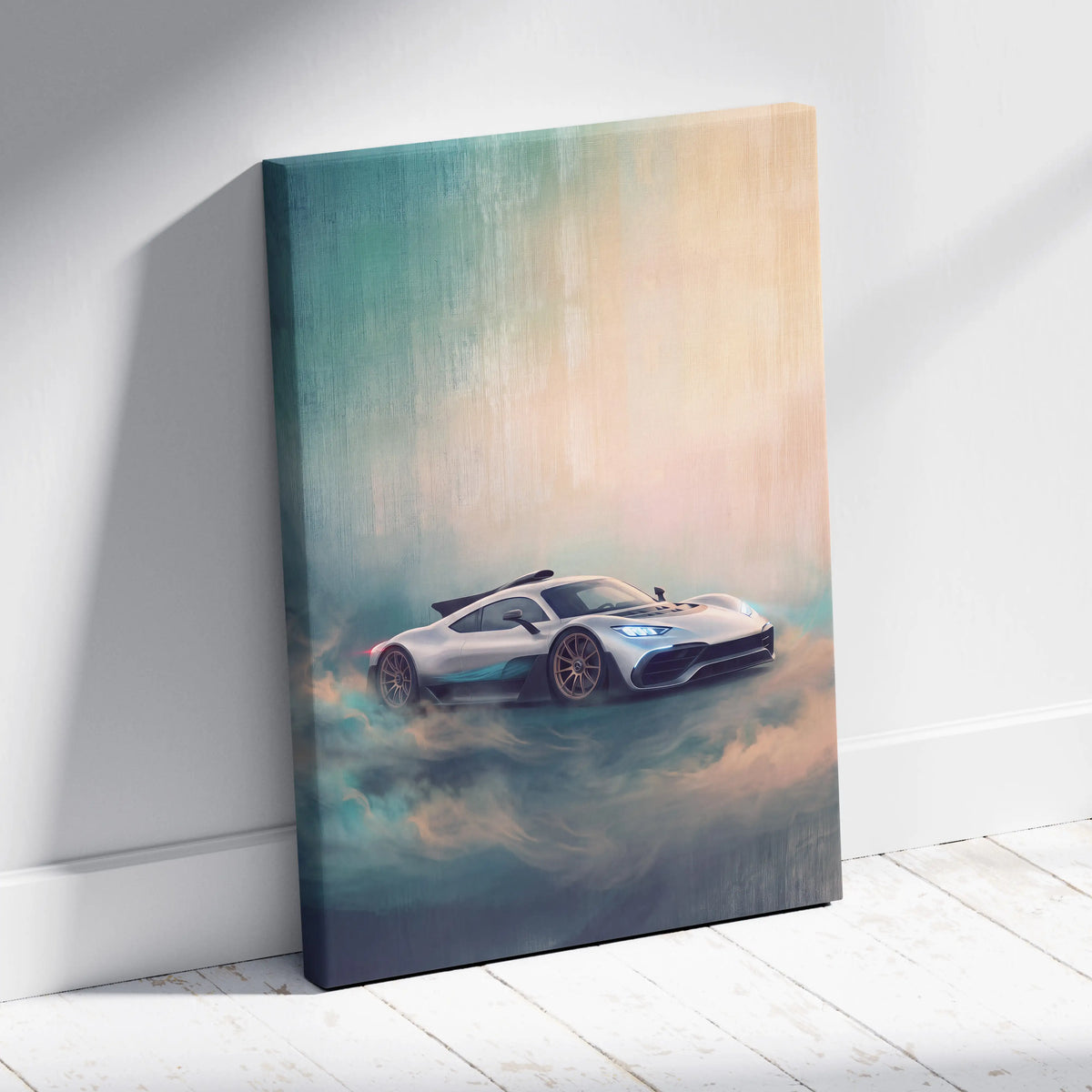 Silver mercedes-amg petronas formula one car on teal and peach gradient clouds canvas luxury supercar wall art