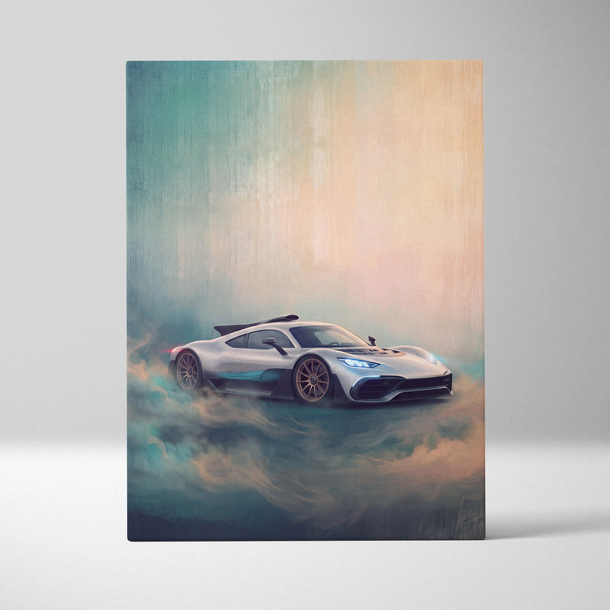 Silver and teal mercedes-amg one inspired hypercar artwork on canvas print featuring a sleek futuristic sports car design