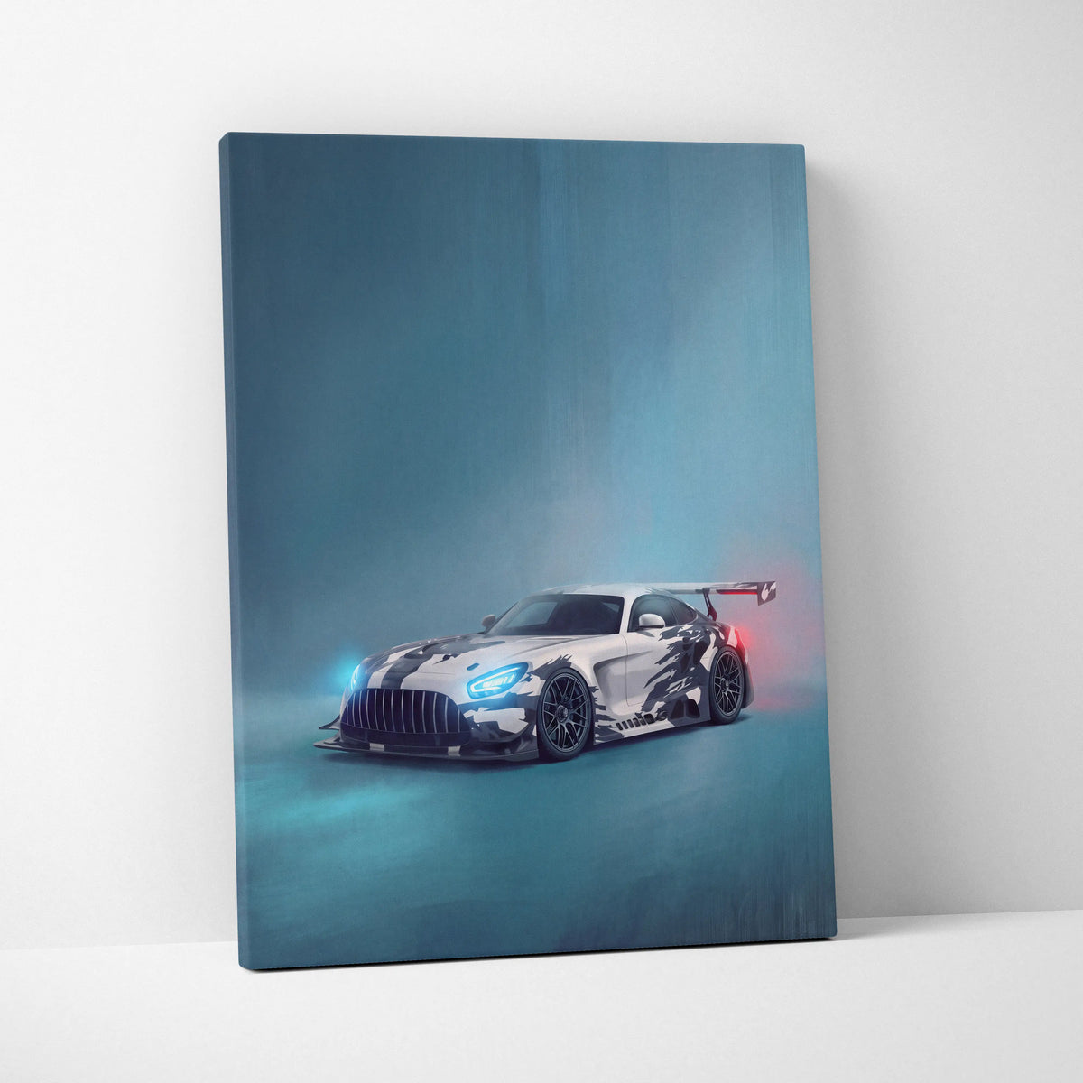 Mercedes-AMG GT inspired supercar canvas art print featuring a sleek white and black racing car with glowing blue headlights in teal