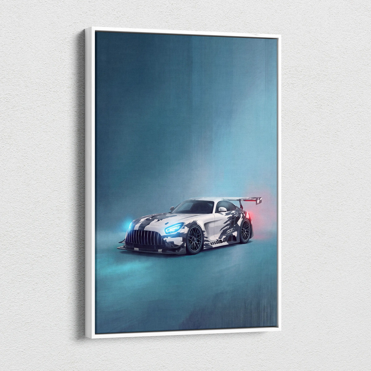 Mercedes-AMG GT inspired supercar canvas art featuring a sleek white and black racing car with glowing blue headlights