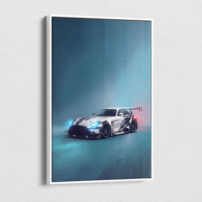 Mercedes-AMG GT inspired supercar canvas art featuring a sleek white and black racing car with glowing blue headlights