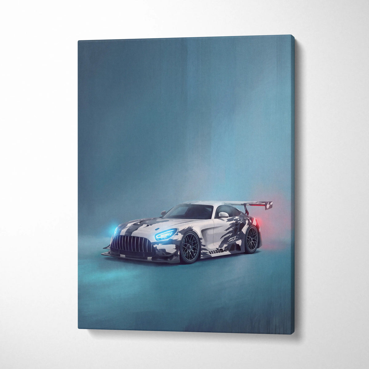 Mercedes-AMG GT inspired supercar canvas art featuring a sleek white and black racing car with glowing blue headlights