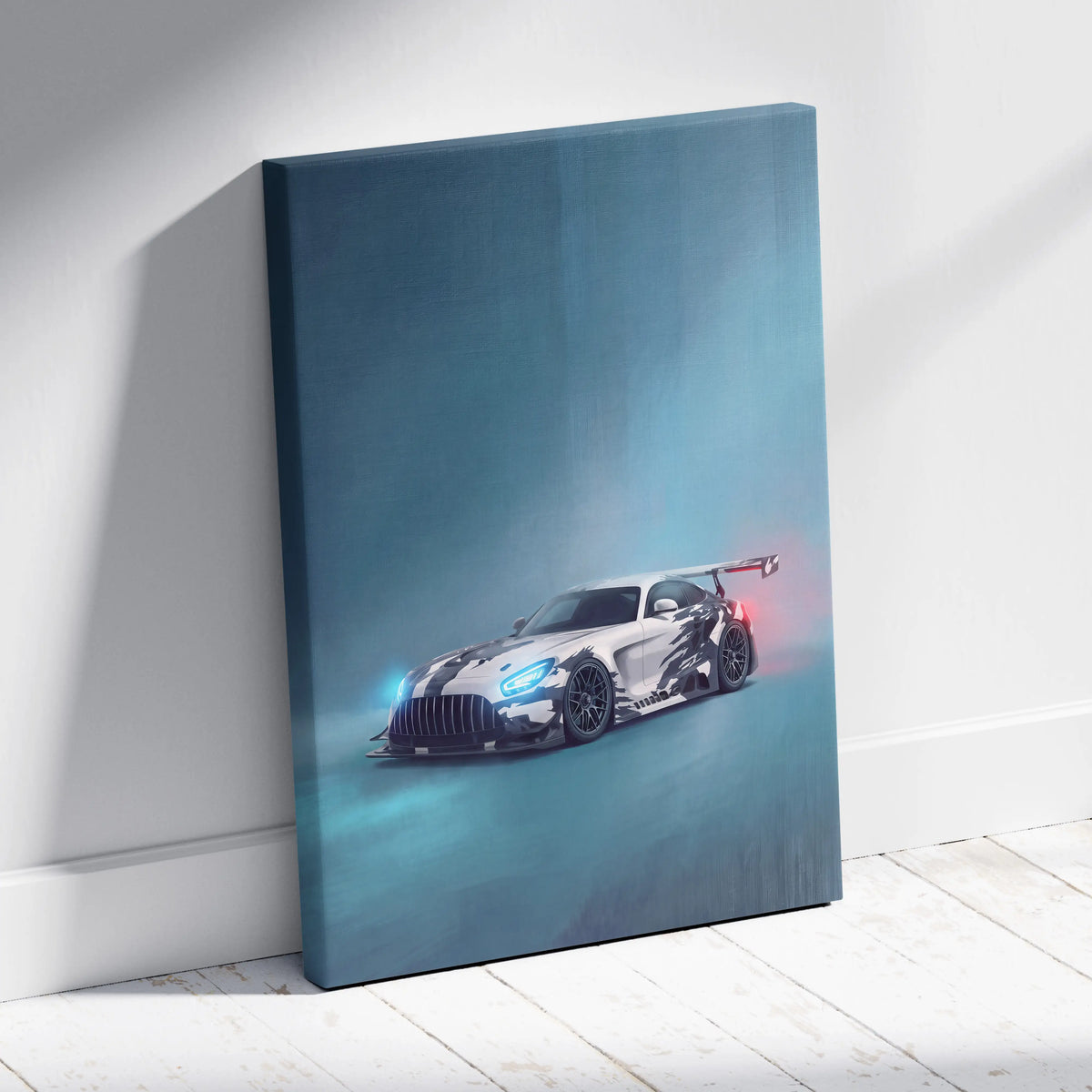 Mercedes-AMG GT inspired supercar canvas art featuring a sleek white and black racing car with glowing blue headlights and red taillights