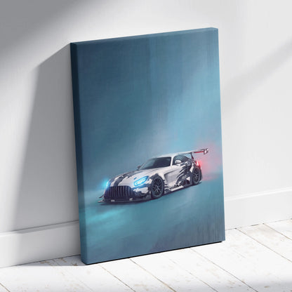 Mercedes-AMG GT inspired supercar canvas art featuring a sleek white and black racing car with glowing blue headlights and red taillights