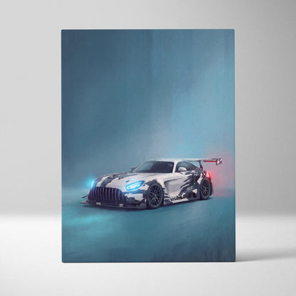 Mercedes-AMG GT inspired supercar canvas art featuring a sleek white and black camouflaged race car with blue headlights