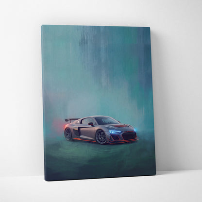 A sleek matte gray audi r8 canvas art with glowing blue headlights and red accents in a teal misty setting