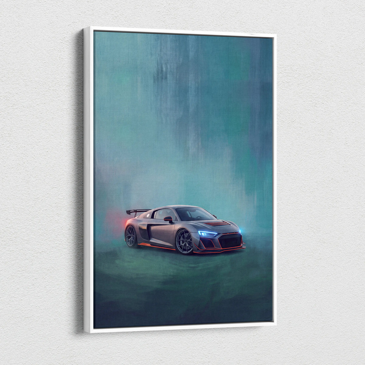 Audi R8 inspired canvas art featuring a sleek silver sports car with blue headlights and orange accents in white frame
