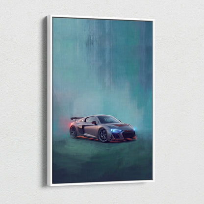 Audi R8 inspired canvas art featuring a sleek silver sports car with blue headlights and orange accents in white frame