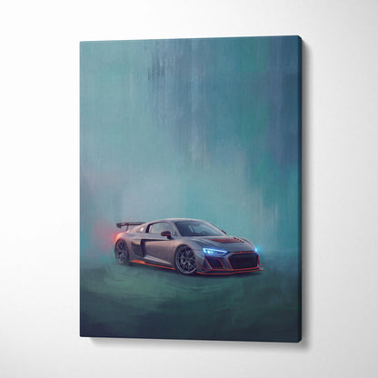 Audi R8 inspired premium canvas art featuring a sleek matte gray sports car with blue headlights and orange trim