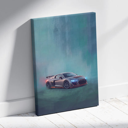 Gray Audi R8 inspired canvas art with glowing blue headlights and red accents on a misty teal background