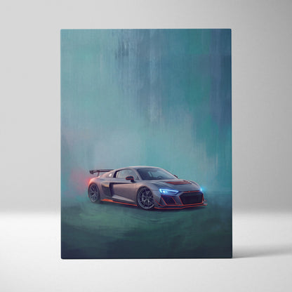 A sleek matte gray audi r8 with glowing red and blue accents on premium canvas automotive wall decor