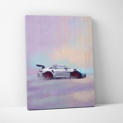 Silver Porsche 911 GT3 RS inspired sports car with red wheels on canvas painting print for wall art track edition