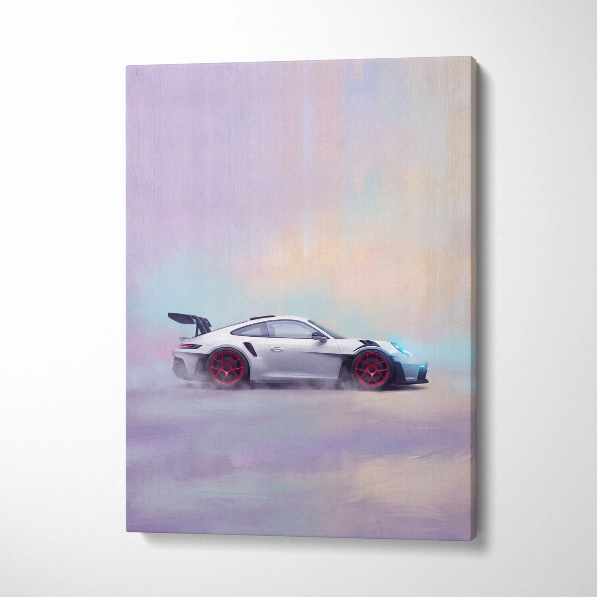 Stylized canvas print of white porsche 911 gt3 rs with red wheels and black racing stripes for car wall art