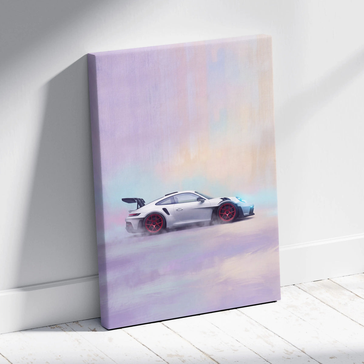 A canvas print of a white porsche 911 gt3 with red wheels drifting against a soft pastel sky track edition